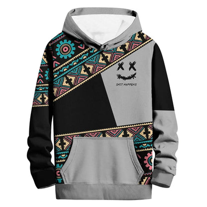 Mens Ethnic Print Hoodie-Oversized Patchwork Streetwear Sweatshirt with Long Sleeves for Casual Fashion and Comfort