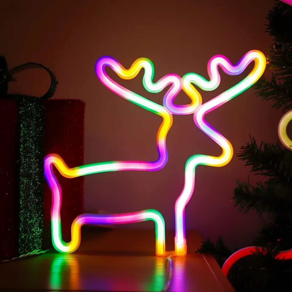 Christmas Neon Sign Light-Colorful LED Holiday Wall Decor with Socks Trees Snowflakes and Festive Party Ambience