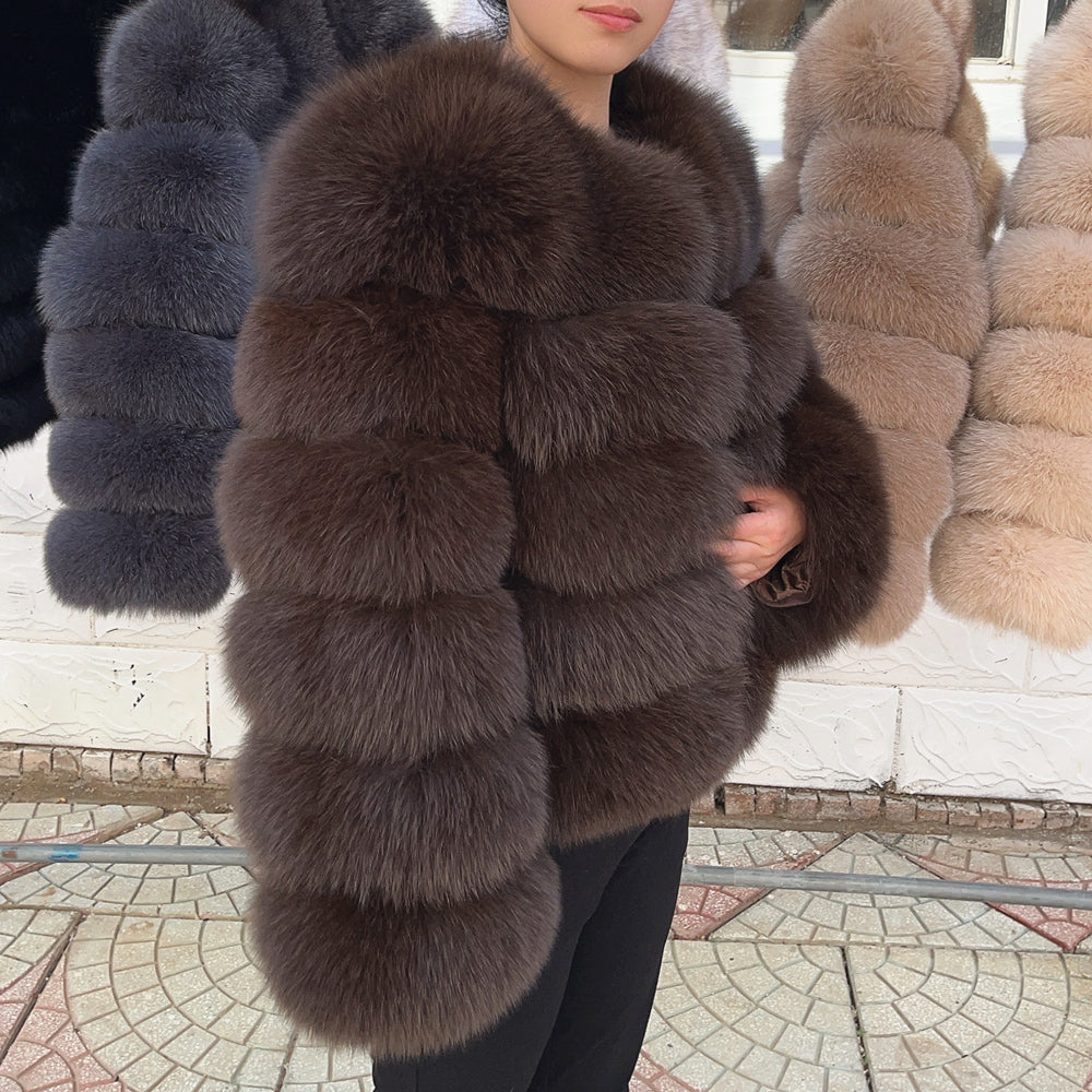 Real Fox Fur Winter Coat – Luxury Women’s Brown Fur Jacket with Premium Leather Design for Elegant Cold Weather Fashion