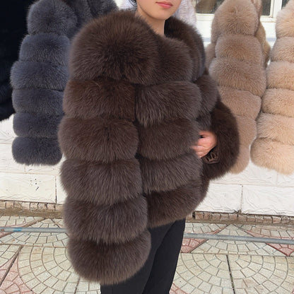 Real Fox Fur Winter Coat – Luxury Women’s Brown Fur Jacket with Premium Leather Design for Elegant Cold Weather Fashion