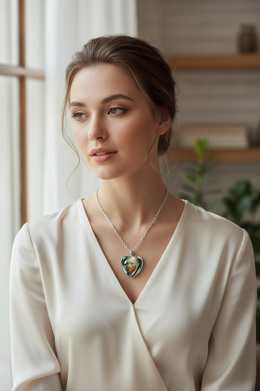 Van Gogh Starry Night Necklace – Artistic Glass Cabochon Pendant Jewelry Featuring Sunflower Painting Design for Women, Art Lovers and Gifts