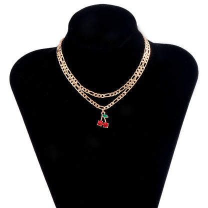 Red Cherry Pendant Necklace – Sweet Romantic Gold Tone Clavicle Chain Jewelry for Women and Girls, Fashionable Gift for Parties and Dates
