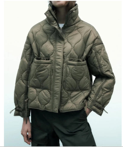 Women’s Quilted Drawstring Jacket – High Neck Cotton Padded Coat with Pockets for Casual Autumn Winter Layering Style