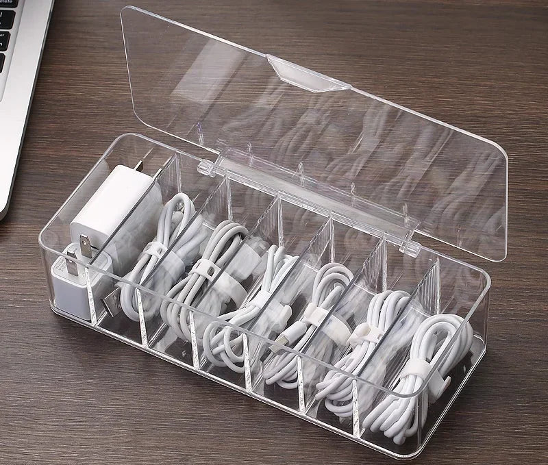 Transparent Cable Storage Box – Divided Grid Organizer for Phone Chargers, USB Data Cables and Household Electronic Accessories