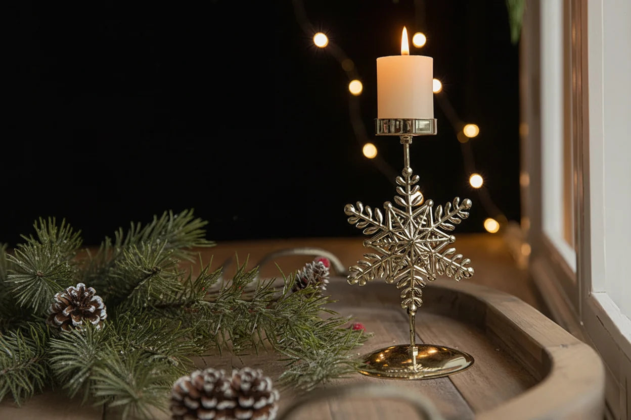 Metal Christmas Tealight Holder – Snowflake and Reindeer Candle Stand for Winter Table Centerpieces and Holiday Home Decor