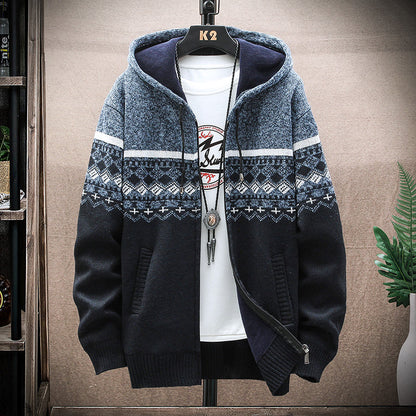Men's Plaid Hooded Knit Cardigan – Warm Fleece Lined Winter Sweater Jacket with Zipper for Cold Weather Comfort