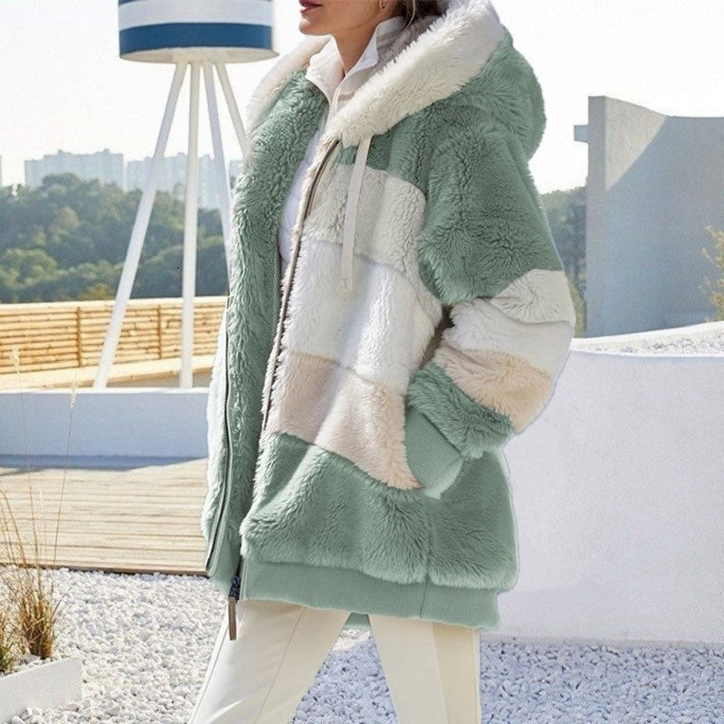 Womens Plush Hooded Winter Coat-Warm Patchwork Zip Jacket with Pockets for Casual Fashion and Everyday Comfort