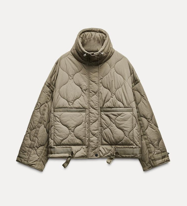 Women’s Quilted Drawstring Jacket – High Neck Cotton Padded Coat with Pockets for Casual Autumn Winter Layering Style