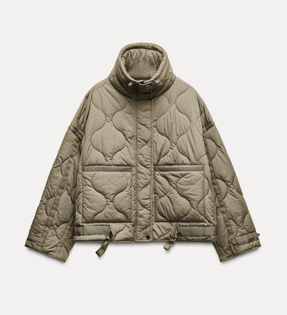 Women’s Quilted Drawstring Jacket – High Neck Cotton Padded Coat with Pockets for Casual Autumn Winter Layering Style