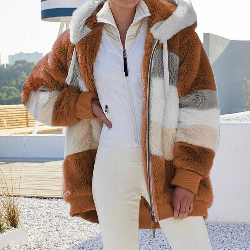 Womens Plush Hooded Winter Coat-Warm Patchwork Zip Jacket with Pockets for Casual Fashion and Everyday Comfort