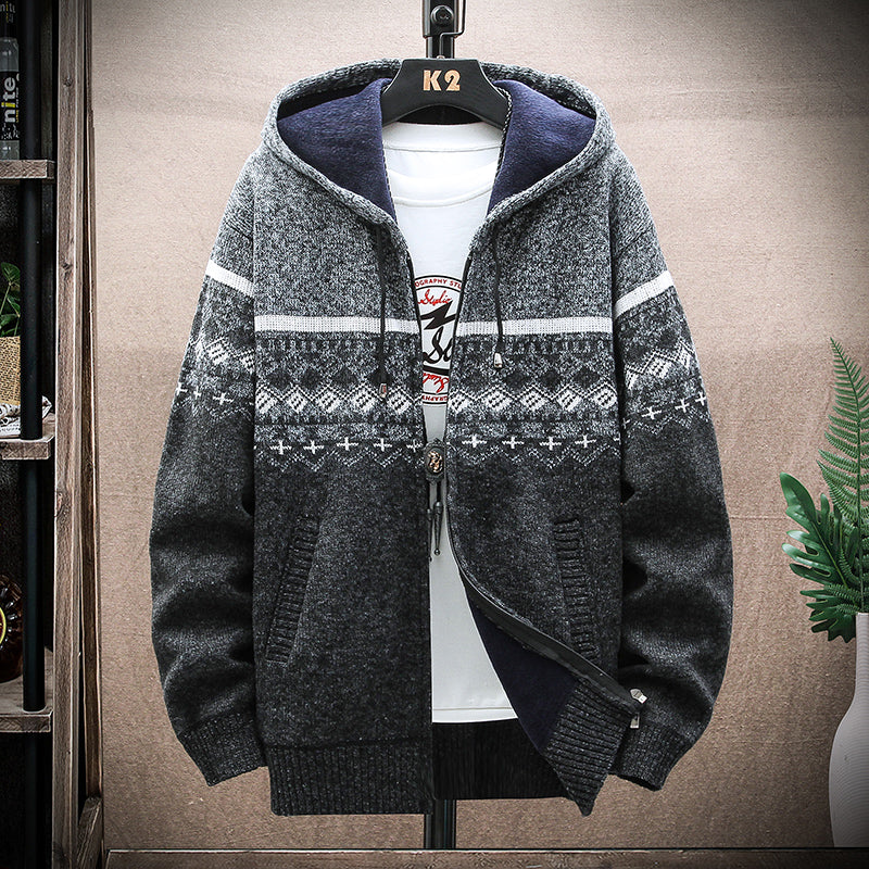 Men's Plaid Hooded Knit Cardigan – Warm Fleece Lined Winter Sweater Jacket with Zipper for Cold Weather Comfort