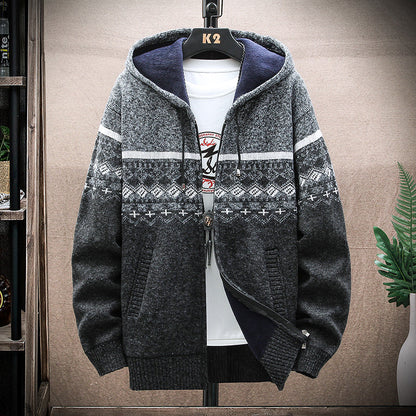 Men's Plaid Hooded Knit Cardigan – Warm Fleece Lined Winter Sweater Jacket with Zipper for Cold Weather Comfort