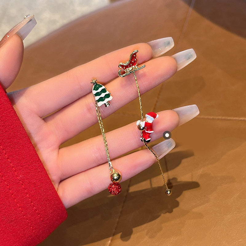 Christmas Ball Stud Earrings – Red Asymmetrical Snowflake and Reindeer Zircon Earrings for Women and Holiday Style