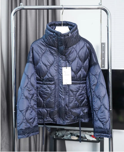 Women’s Quilted Drawstring Jacket – High Neck Cotton Padded Coat with Pockets for Casual Autumn Winter Layering Style