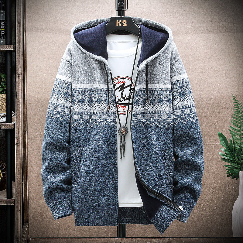 Men's Plaid Hooded Knit Cardigan – Warm Fleece Lined Winter Sweater Jacket with Zipper for Cold Weather Comfort