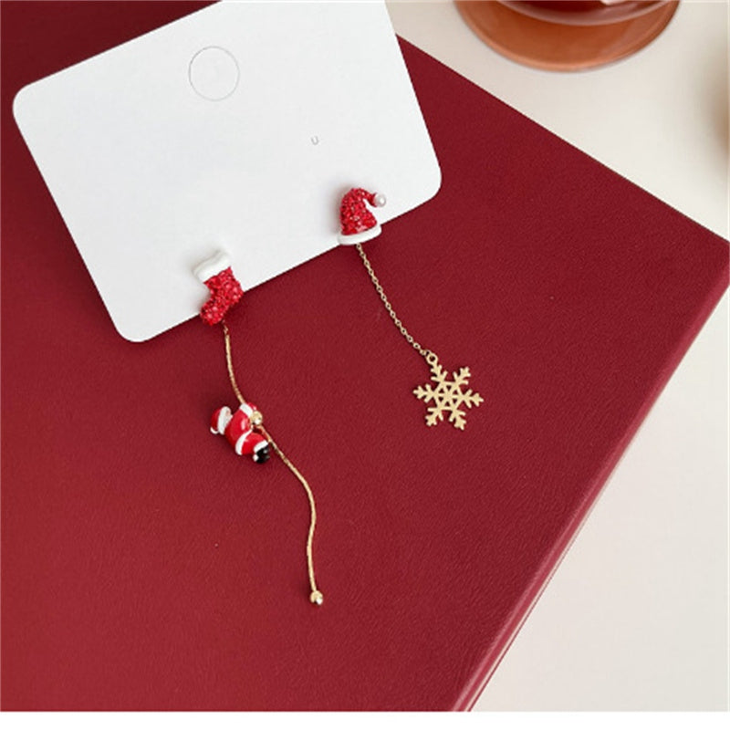 Christmas Ball Stud Earrings – Red Asymmetrical Snowflake and Reindeer Zircon Earrings for Women and Holiday Style