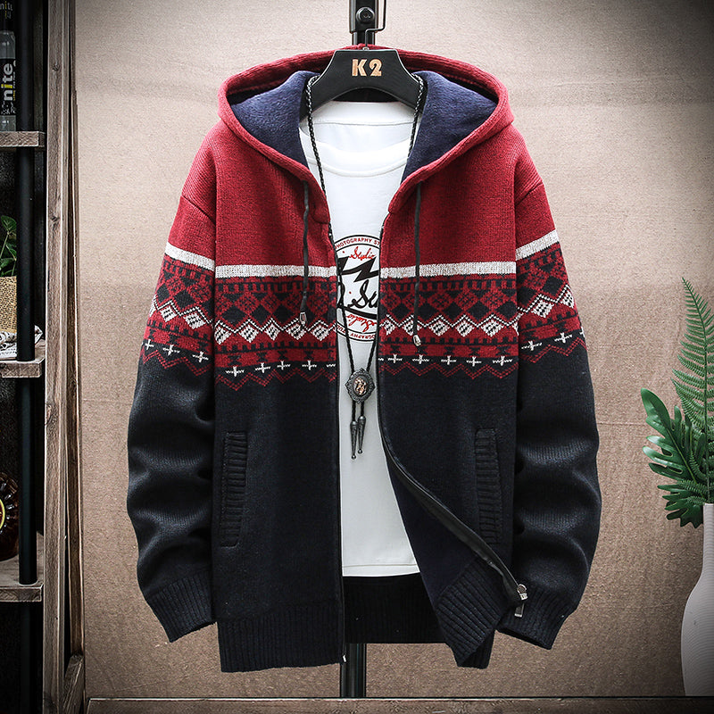 Men's Plaid Hooded Knit Cardigan – Warm Fleece Lined Winter Sweater Jacket with Zipper for Cold Weather Comfort