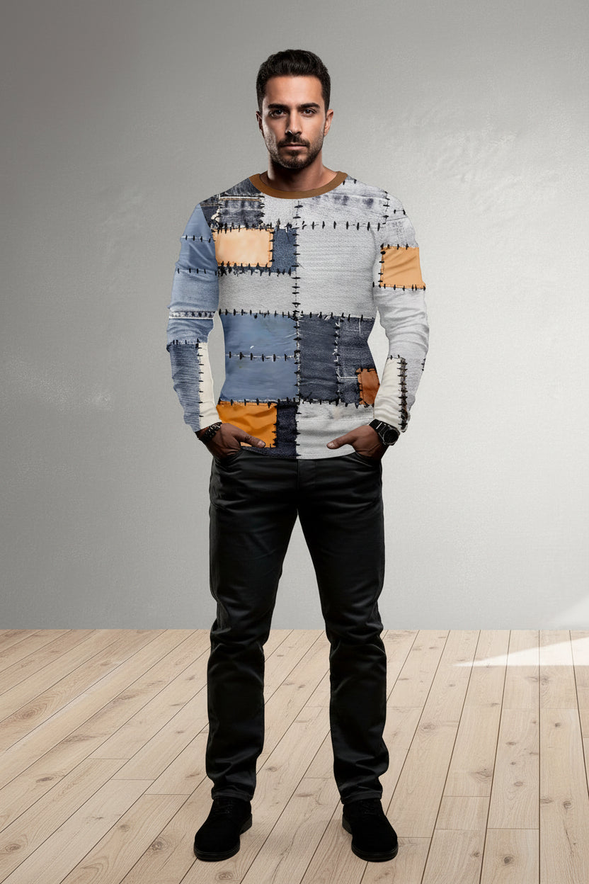 Men's Patchwork Denim Shirt - Vintage Inspired Long Sleeve Button Top with Stylish Grid Print Design