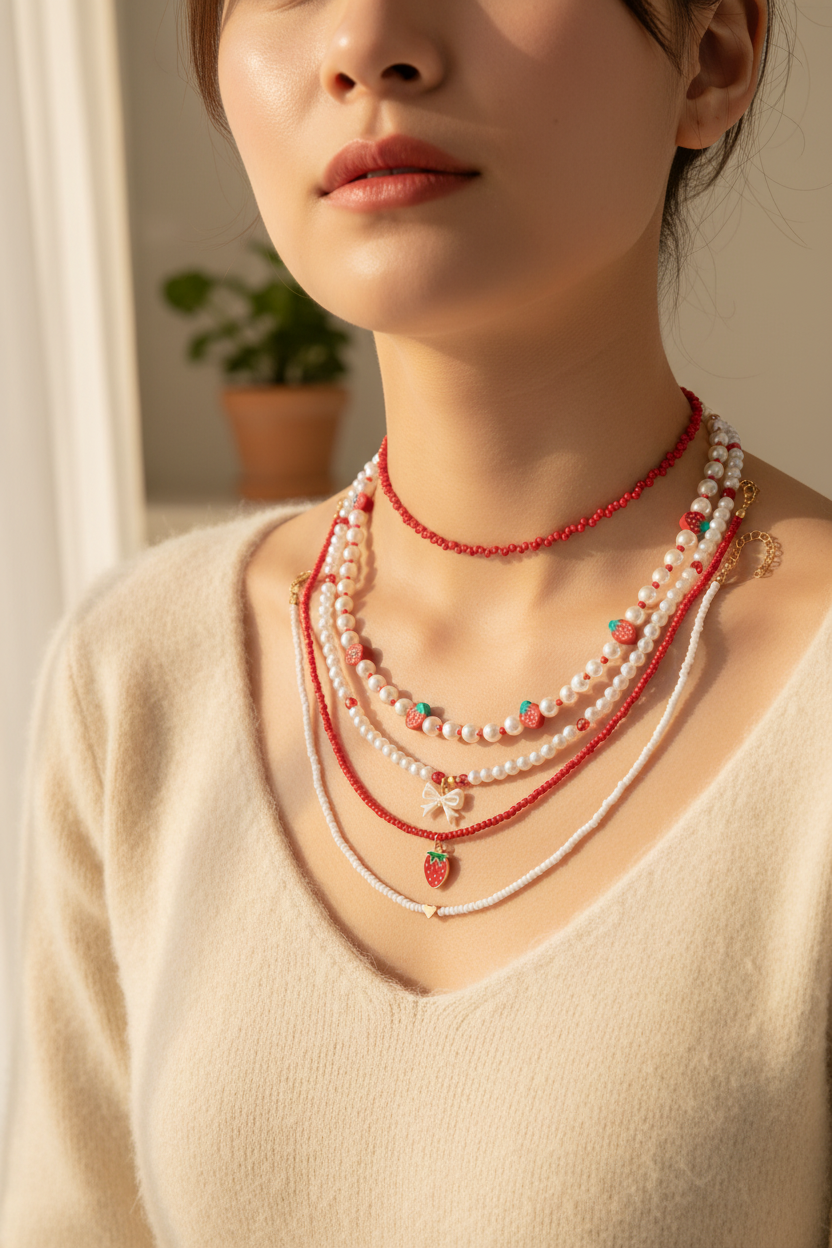 Strawberry Pendant Necklace – Delicate Rice Bead Clavicle Chain with Sweet Starfish and Cherry Details for Women, Beach Parties and Gifts