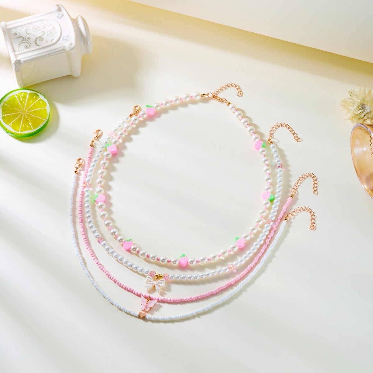 Strawberry Pendant Necklace – Delicate Rice Bead Clavicle Chain with Sweet Starfish and Cherry Details for Women, Beach Parties and Gifts