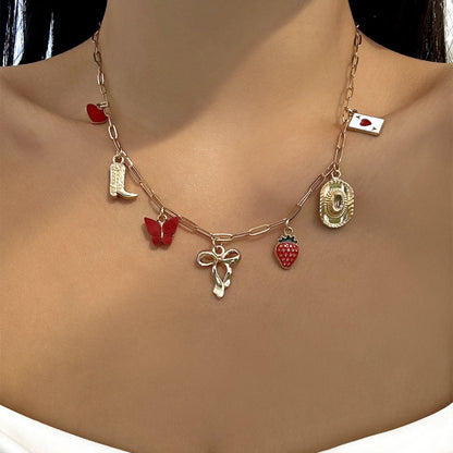 Strawberry Pendant Necklace – Delicate Rice Bead Clavicle Chain with Sweet Starfish and Cherry Details for Women, Beach Parties and Gifts
