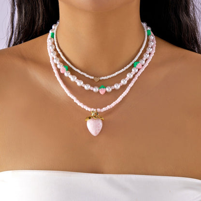 Strawberry Pendant Necklace – Delicate Rice Bead Clavicle Chain with Sweet Starfish and Cherry Details for Women, Beach Parties and Gifts