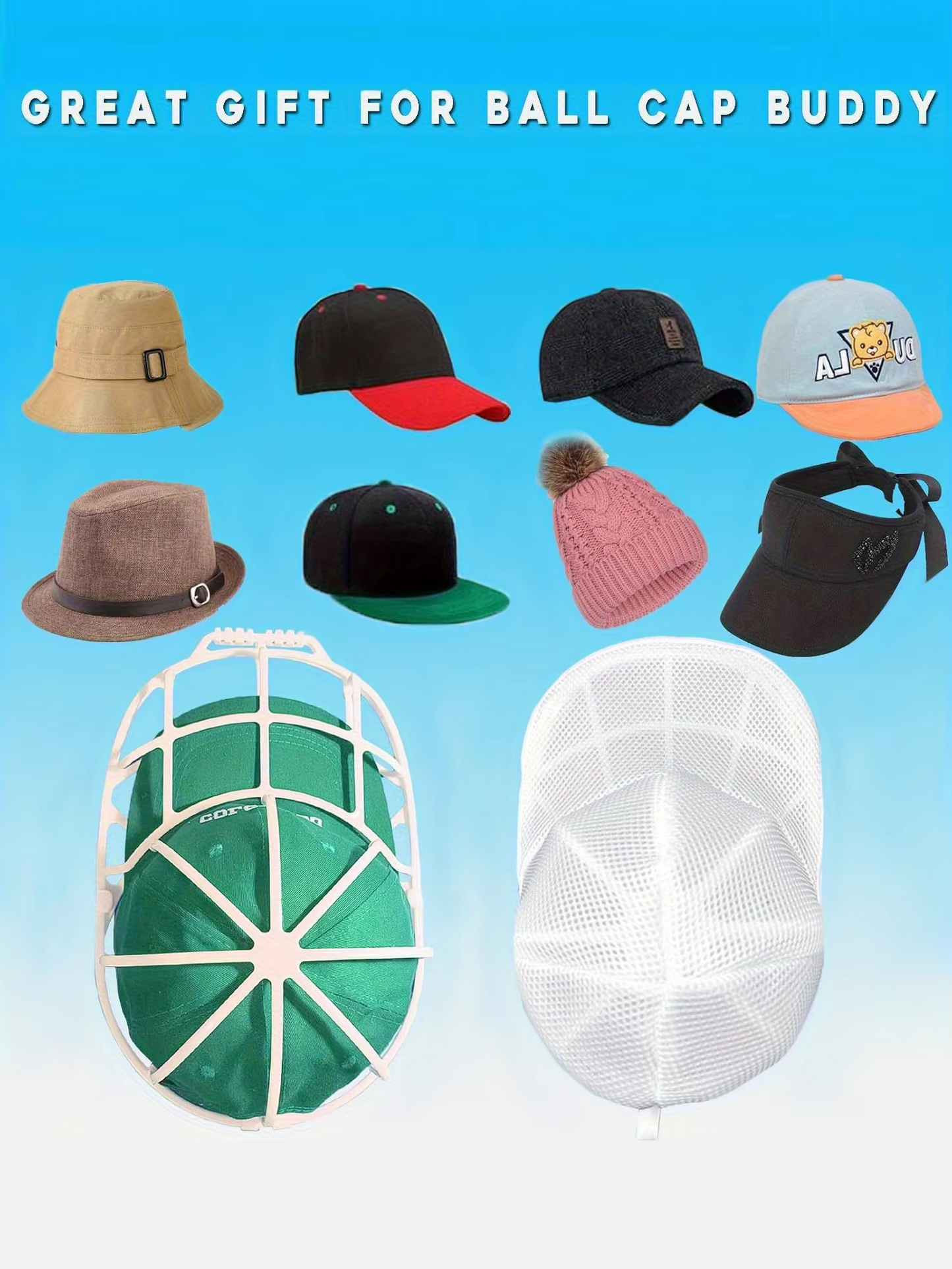 Baseball Cap Washer Cage - Rigid Hat Frame plus Mesh Wash Bag, Holds a Cap's Shape in the Washing Machine or Dishwasher