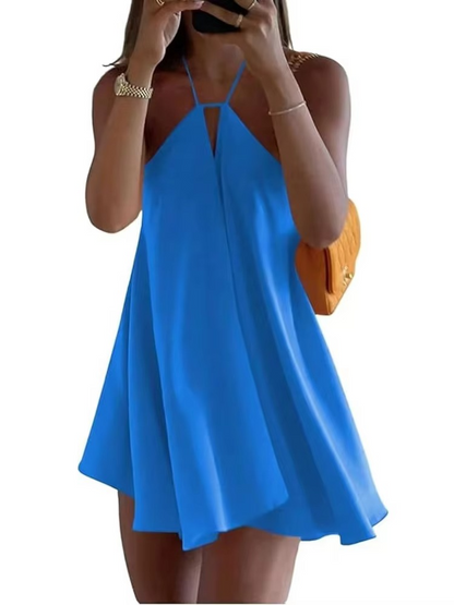 Women’s A-Line Mini Dress – Elegant Sleeveless Solid Color Dress with Hollow-Out Pleated Design for Summer, Casual Wear, Parties and Club Outfits