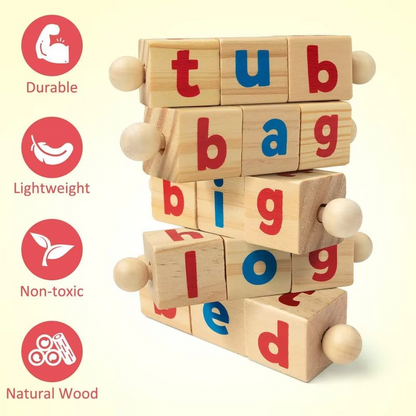 Wooden Rotating Letter Puzzle – Short Vowel Word Spelling Blocks for Reading Practice, Early Learning, Preschool Education and Kids Literacy Skills