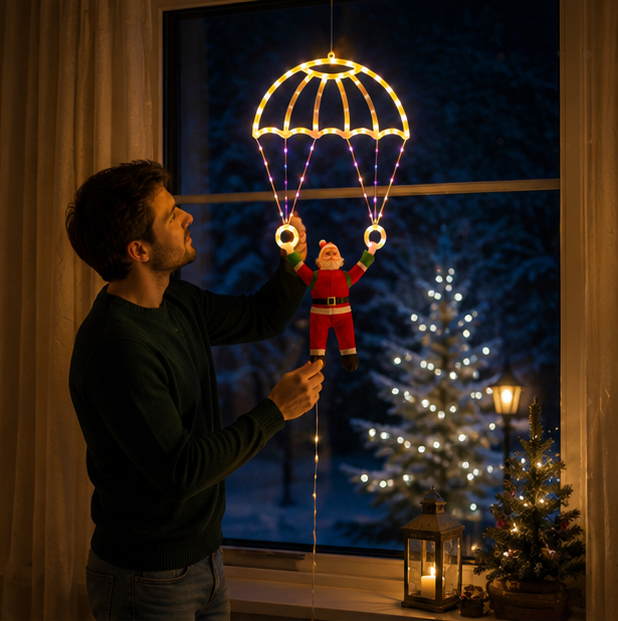 Santa Parachute Window Lights – Christmas LED Hanging Decoration with Lantern String for Festive Indoor Displays