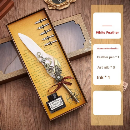 Feather Dip Pen Set – Vintage Calligraphy Quill Writing Pen with 5 Replaceable Nibs, Ink Bottle and Elegant Gift Set for Artists & Signatures