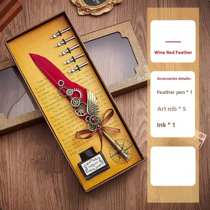 Feather Dip Pen Set – Vintage Calligraphy Quill Writing Pen with 5 Replaceable Nibs, Ink Bottle and Elegant Gift Set for Artists & Signatures