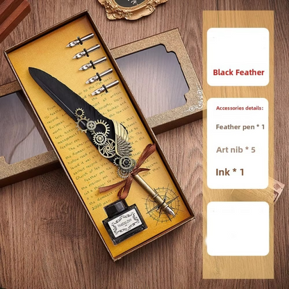 Feather Dip Pen Set – Vintage Calligraphy Quill Writing Pen with 5 Replaceable Nibs, Ink Bottle and Elegant Gift Set for Artists & Signatures
