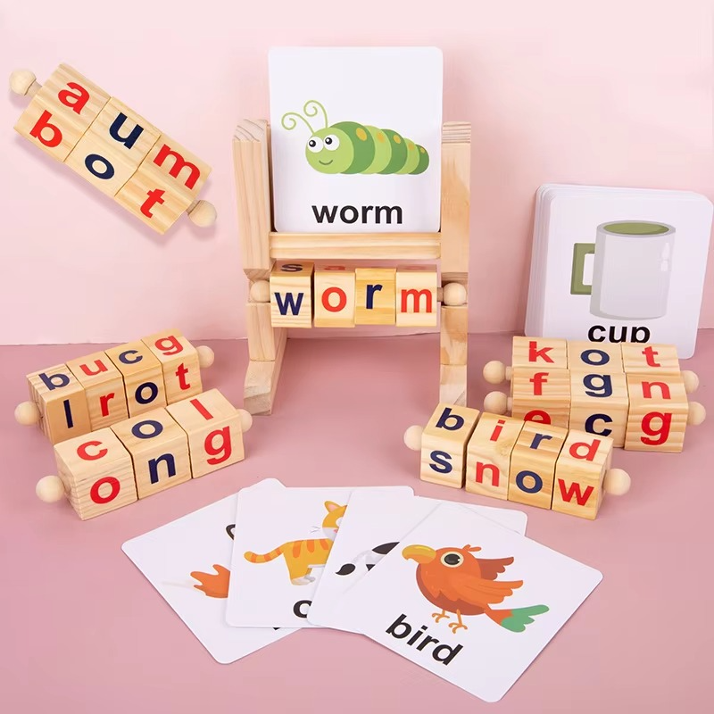 Wooden Rotating Letter Puzzle – Short Vowel Word Spelling Blocks for Reading Practice, Early Learning, Preschool Education and Kids Literacy Skills