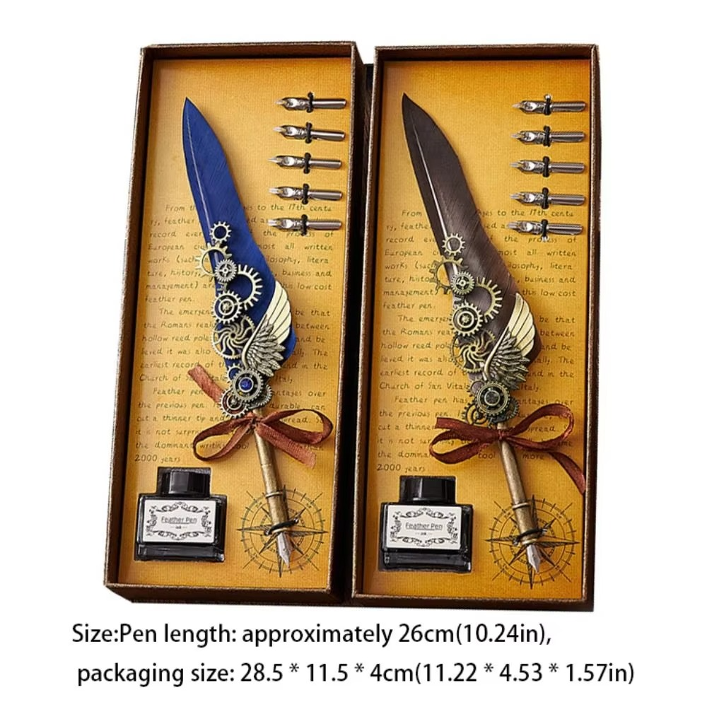 Feather Dip Pen Set – Vintage Calligraphy Quill Writing Pen with 5 Replaceable Nibs, Ink Bottle and Elegant Gift Set for Artists & Signatures