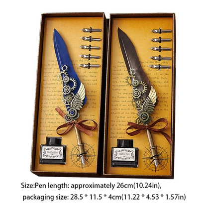 Feather Dip Pen Set – Vintage Calligraphy Quill Writing Pen with 5 Replaceable Nibs, Ink Bottle and Elegant Gift Set for Artists & Signatures