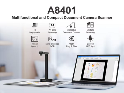 Portable Document Scanner – 16MP A4 USB Document Camera with Auto Deskewing for Books, Documents and Receipts, Compatible with Windows and macOS
