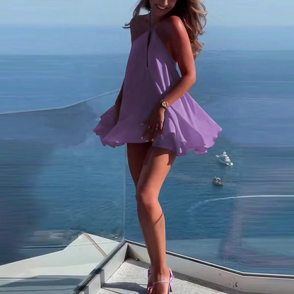 Women’s A-Line Mini Dress – Elegant Sleeveless Solid Color Dress with Hollow-Out Pleated Design for Summer, Casual Wear, Parties and Club Outfits