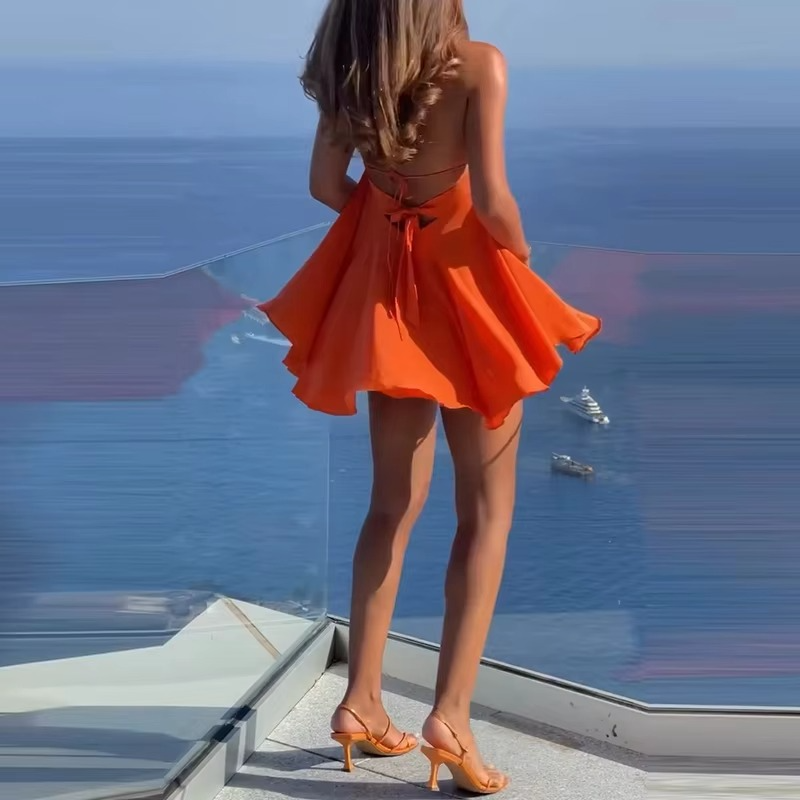 Women’s A-Line Mini Dress – Elegant Sleeveless Solid Color Dress with Hollow-Out Pleated Design for Summer, Casual Wear, Parties and Club Outfits