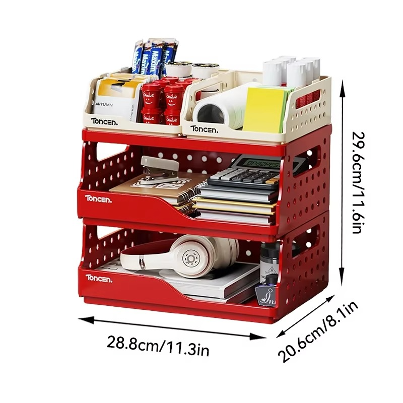 Stackable Office Desk Organizer – 3-Tier Storage Box with 2 Large and 2 Small Compartments for Documents, Stationery and Desktop Organization