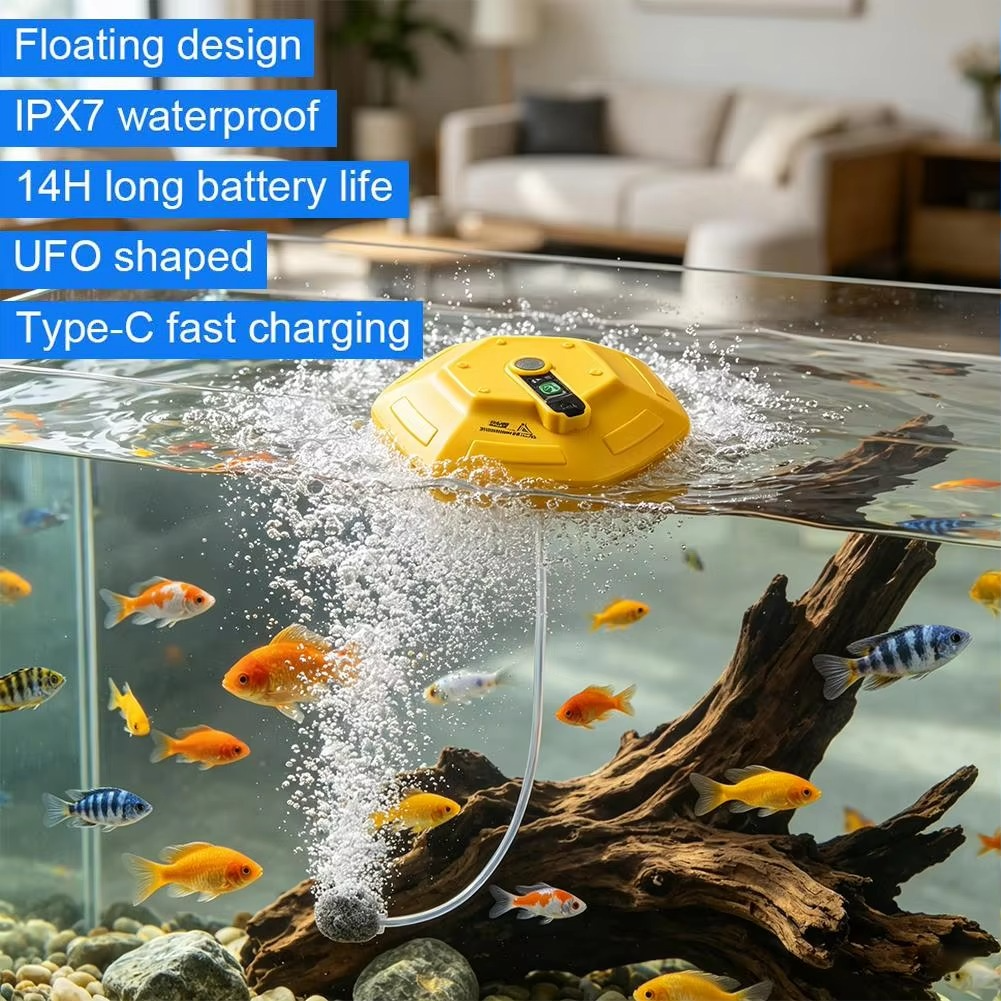Portable Fishing Aerator Pump – Quiet Smart Oxygenator with 14-Hour Battery Life for Live Fish Buckets, Bait Containers and Outdoor Fishing