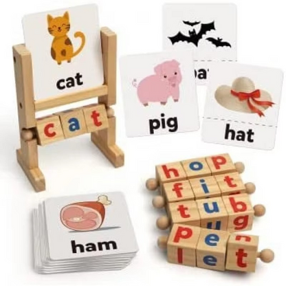 Wooden Rotating Letter Puzzle – Short Vowel Word Spelling Blocks for Reading Practice, Early Learning, Preschool Education and Kids Literacy Skills