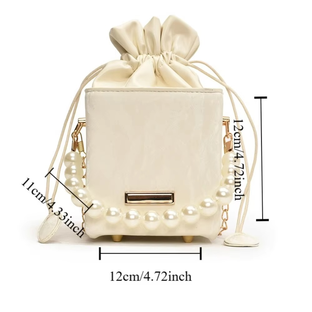 PU Leather Bucket Bag – Vintage Drawstring Crossbody Purse with Pearl Detail and Chain Strap for Women, Shoulder Carry and Everyday Style