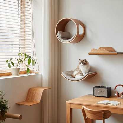 Wall-Mounted Cat Shelves – Curved Hammock Bed & Climbing Steps with Cushions for Sleeping, Playing, Climbing and Indoor Cat Furniture