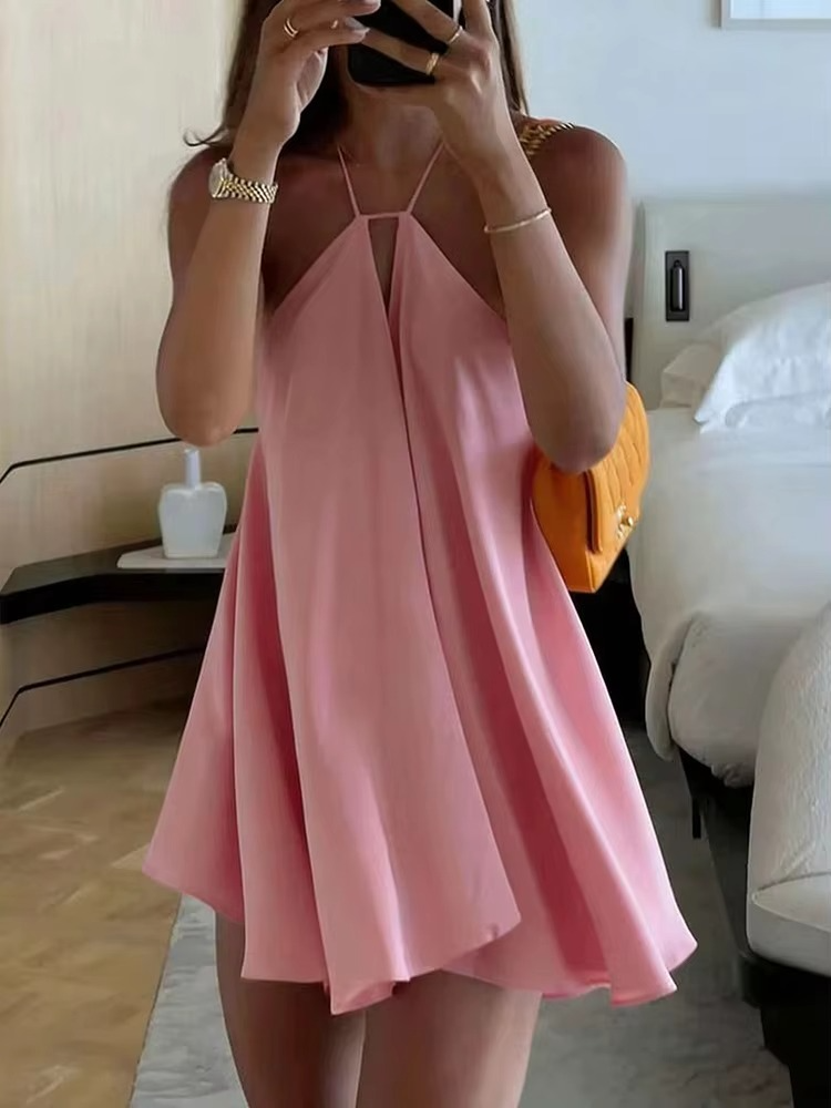 Women’s A-Line Mini Dress – Elegant Sleeveless Solid Color Dress with Hollow-Out Pleated Design for Summer, Casual Wear, Parties and Club Outfits
