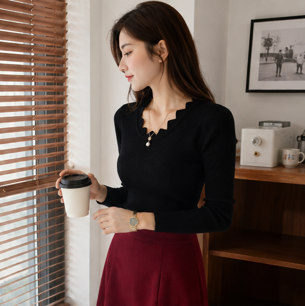 Slim Fit Knit Sweater – Women’s Butterfly Neck Long Sleeve Pullover for Elegant Autumn Winter Fashion