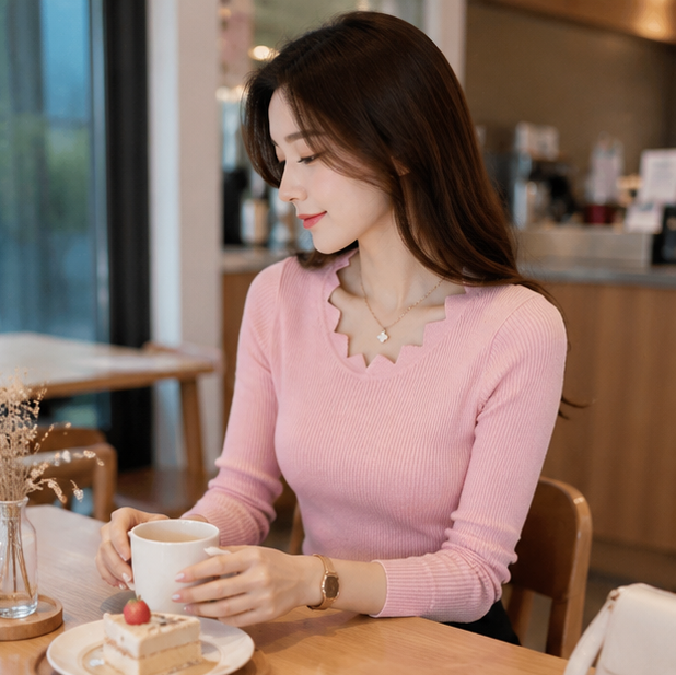 Slim Fit Knit Sweater – Women’s Butterfly Neck Long Sleeve Pullover for Elegant Autumn Winter Fashion