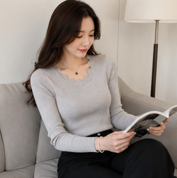 Slim Fit Knit Sweater – Women’s Butterfly Neck Long Sleeve Pullover for Elegant Autumn Winter Fashion