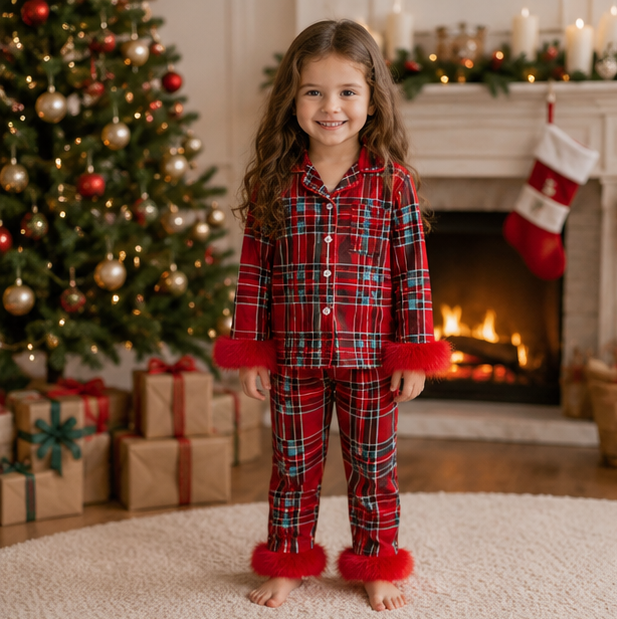 Toddler Christmas Pajama Set – Santa Claus Snowflake Sleepwear with Cozy Fur Trim for Holiday Family Photos and Winter Comfort
