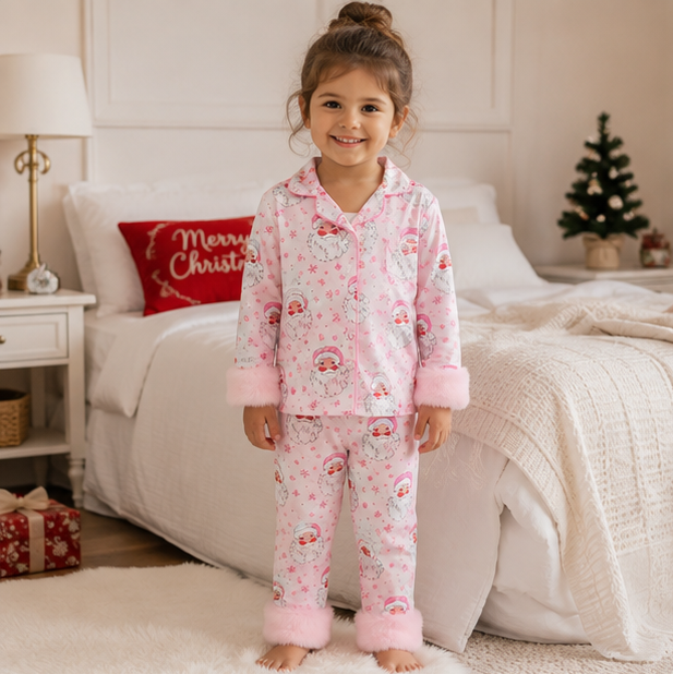 Toddler Christmas Pajama Set – Santa Claus Snowflake Sleepwear with Cozy Fur Trim for Holiday Family Photos and Winter Comfort